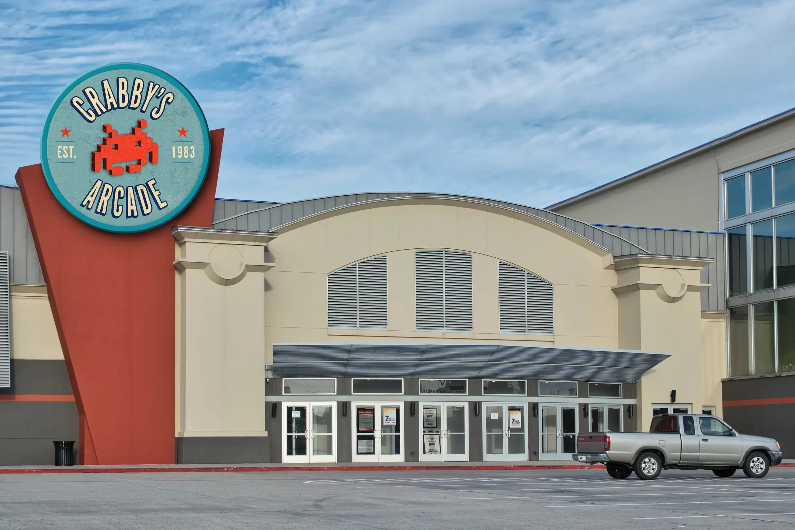 outside arcade sign Crabbys Mockup