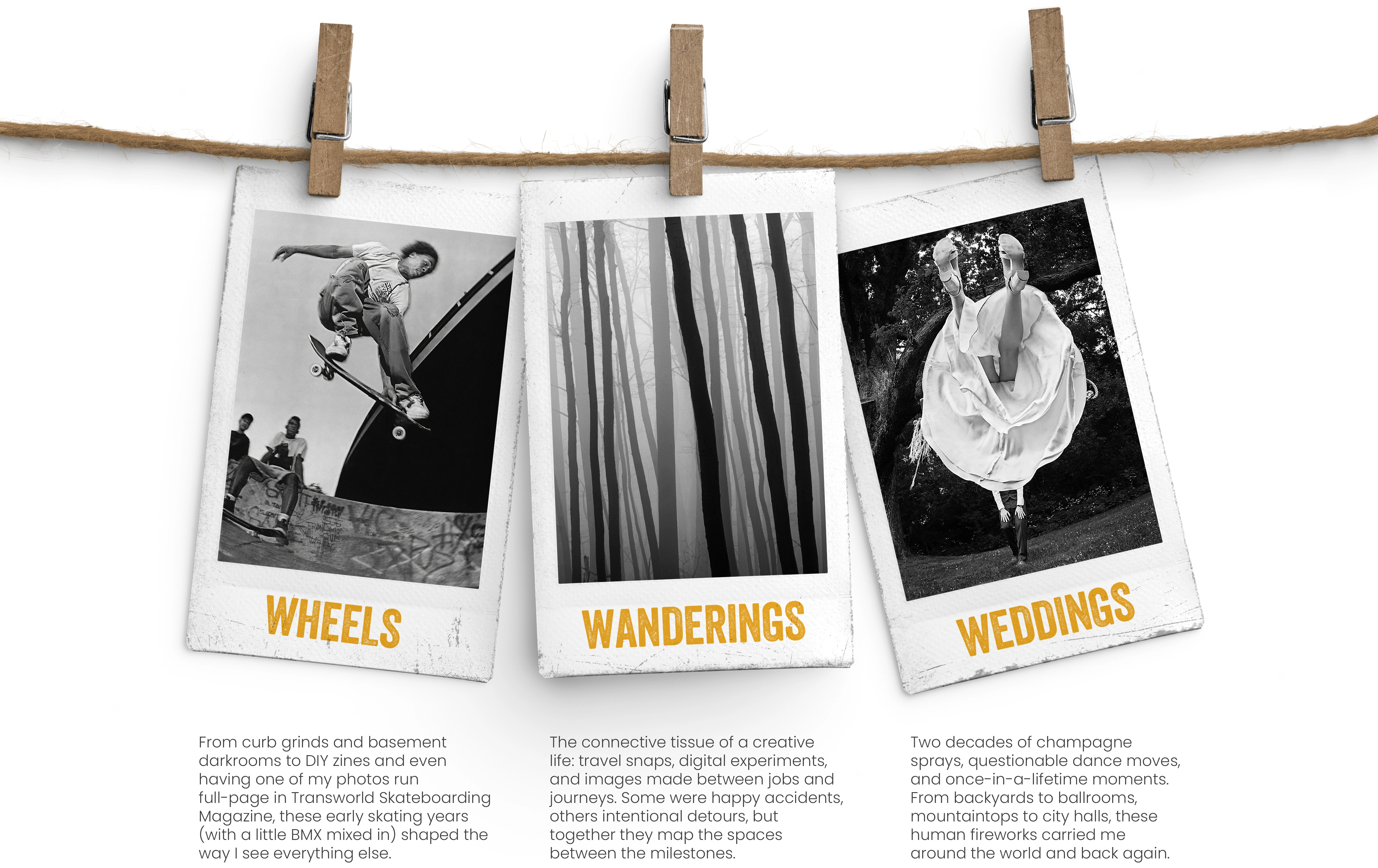 Graphic showing three themes of the book Unbridled: Wheels (skateboarding), Wanderings (travel), Weddings, and Digital Debris (experiments).